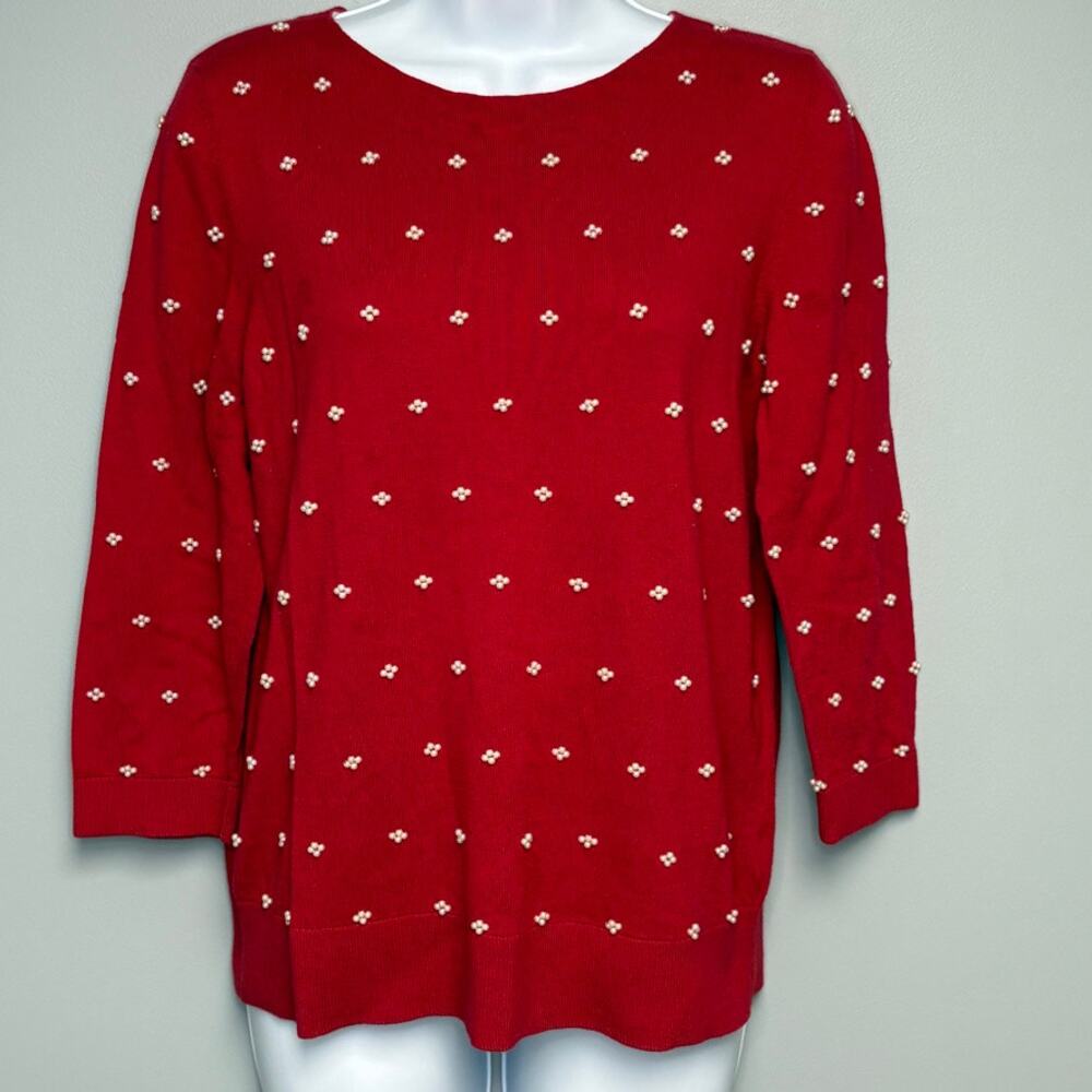Talbots Red Romantic Date Preppy Pearl Beaded 3/4 Sleeve Feminine Top Sz L
